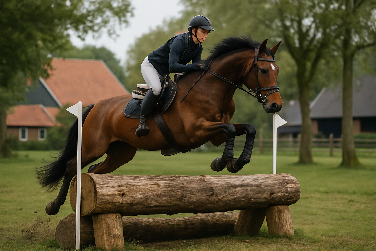 Ruiter en paard nemen een boomstamhindernis in een cross-country parcours, Nederland