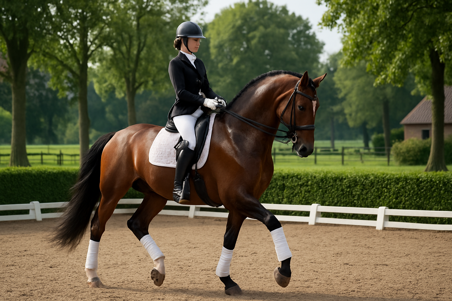 Dressuurruiter met paard in de buitenbak, zomerse groene omgeving, Nederland