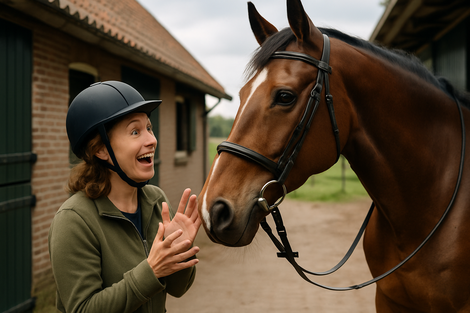 Beginner maakt kennis met een paard voor de eerste rijles, Nederlandse manege