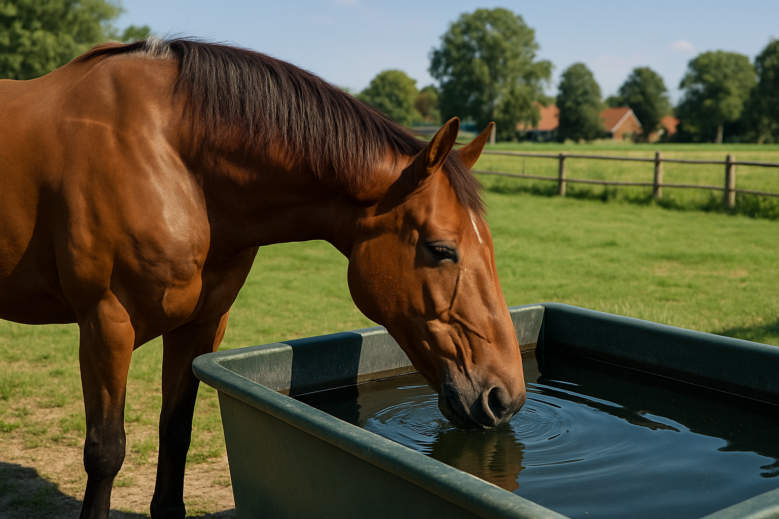Paard drinkt uit een drinkbak in de wei, zomerse dag, Nederland