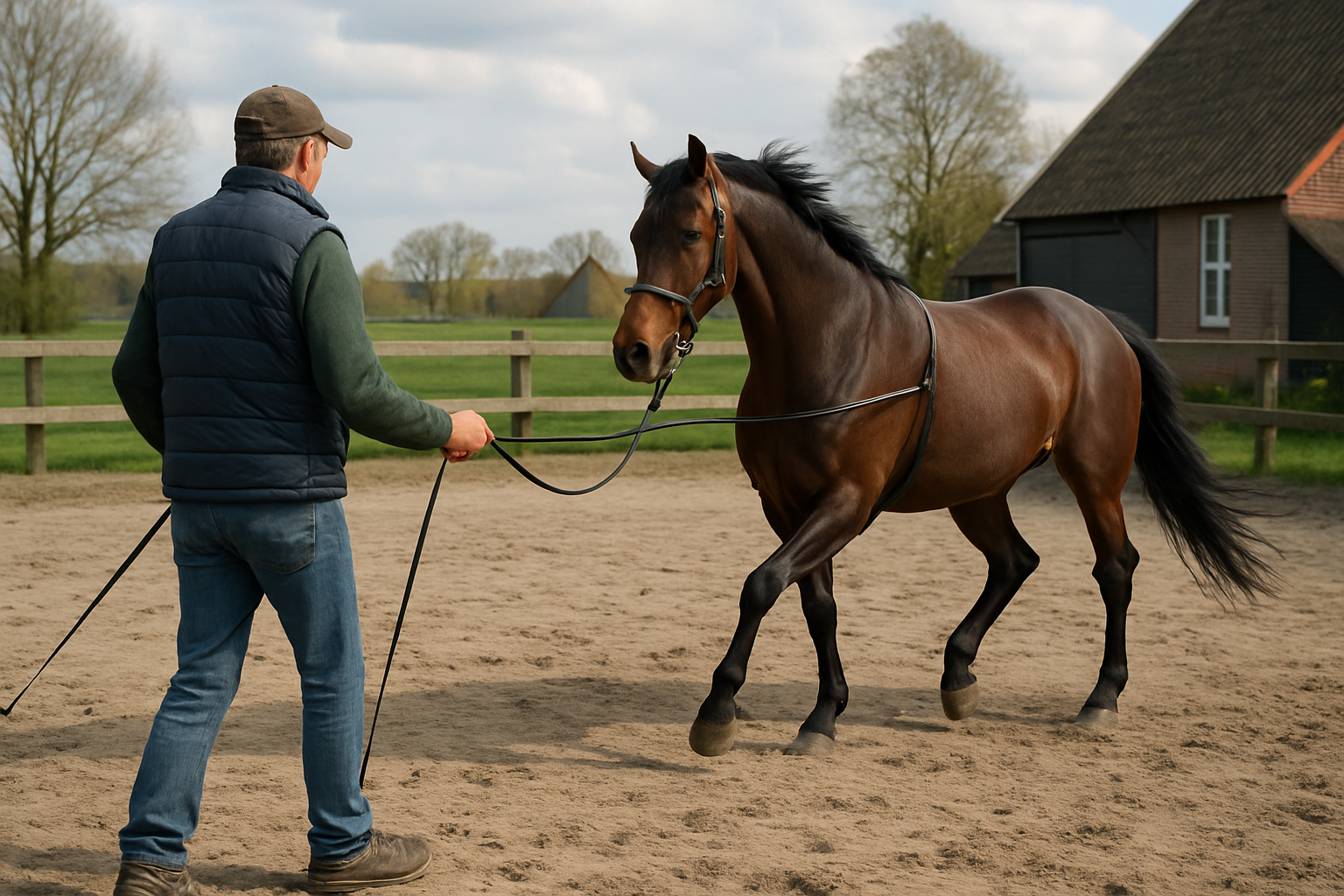 Instructeur longeert paard in een buitenbak, Nederland, zomerse middag