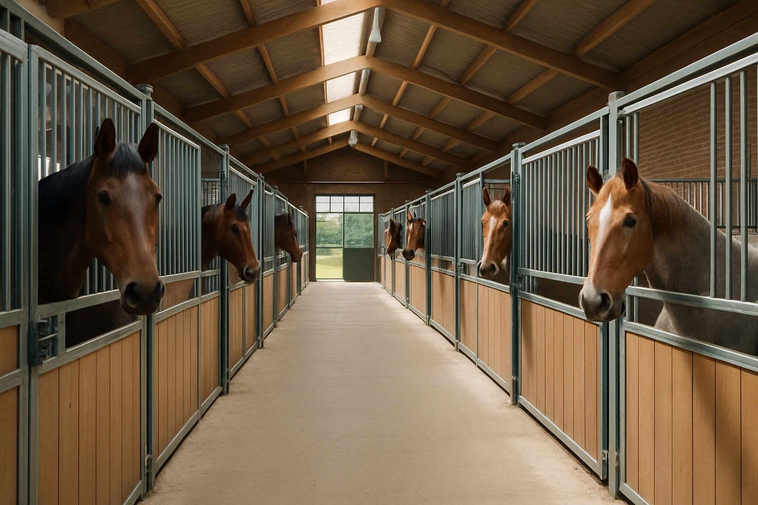 Binnenkant van een Nederlandse manege, paarden in boxen, nette stal