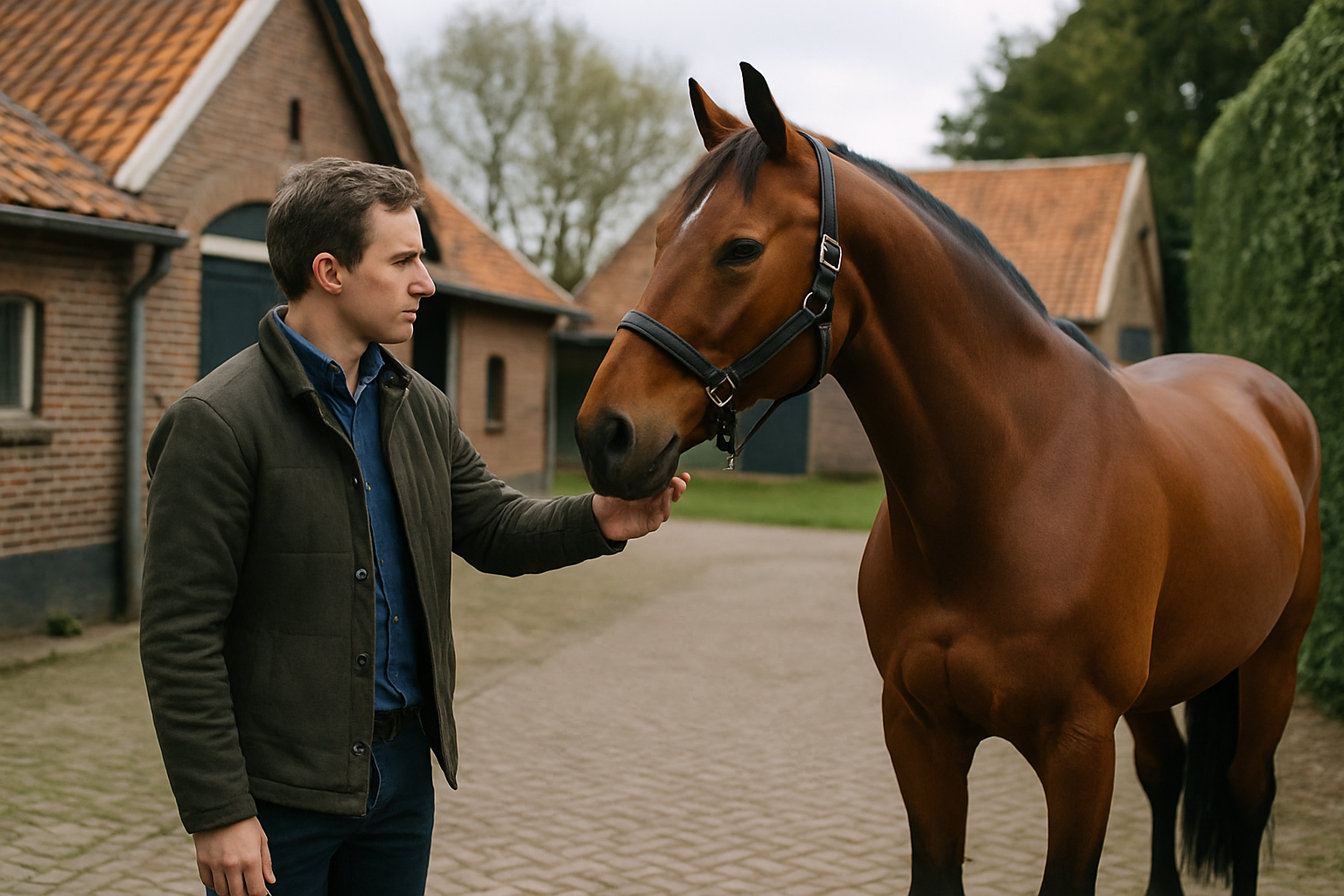 Persoon leidt paard aan hand, bezichtiging van paard voor aankoop, Nederland