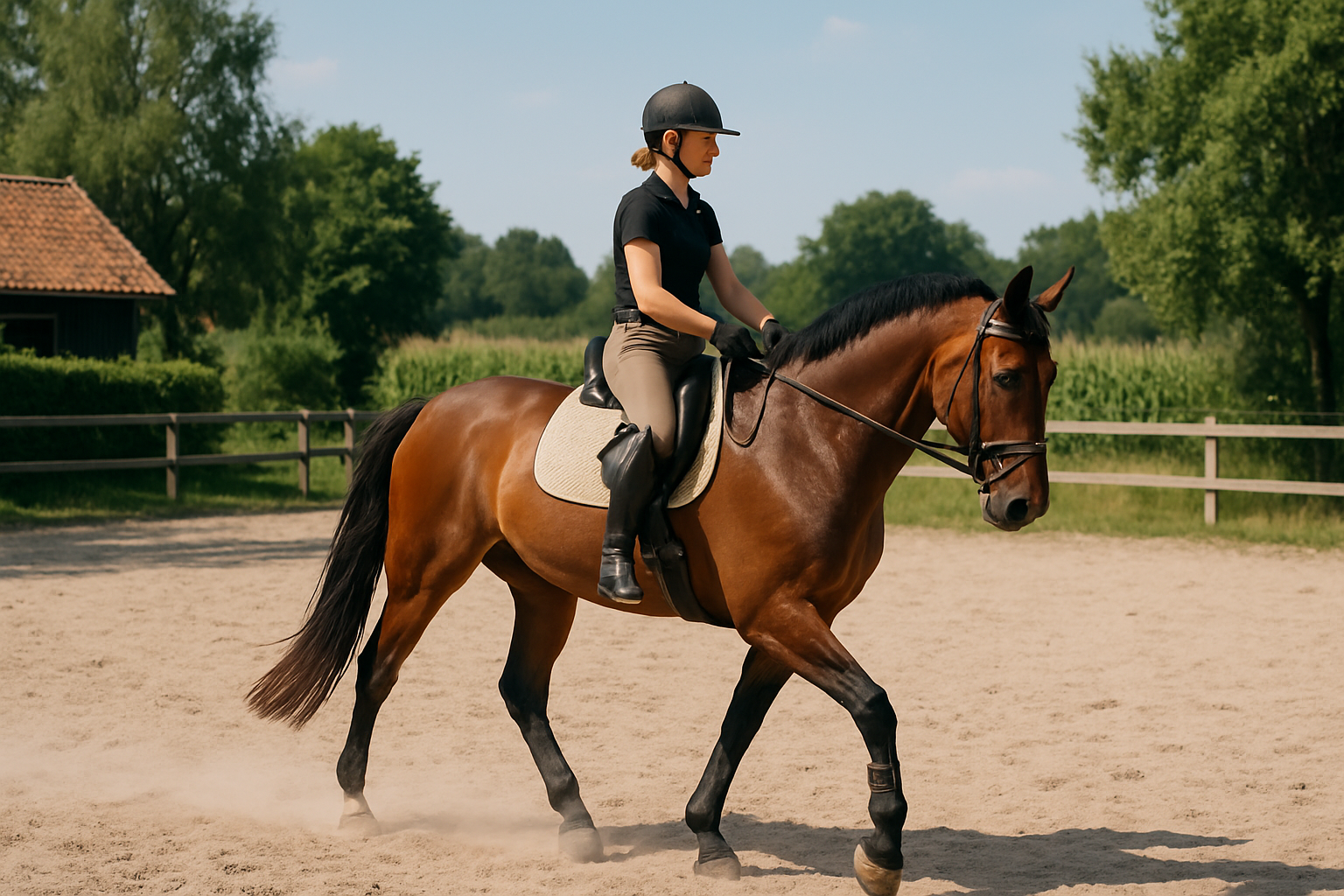 Ruiter te paard in de buitenbak bij zomers warm weer, Nederland