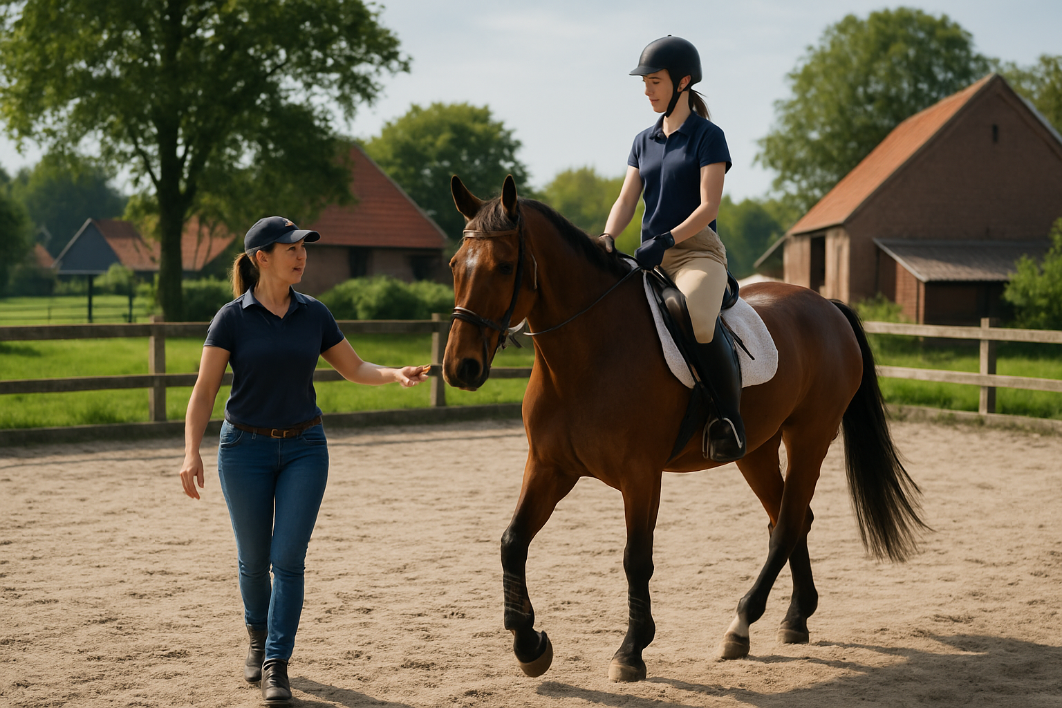 Instructeur geeft rijles in een buitenbak, groene omgeving, Nederlandse manege