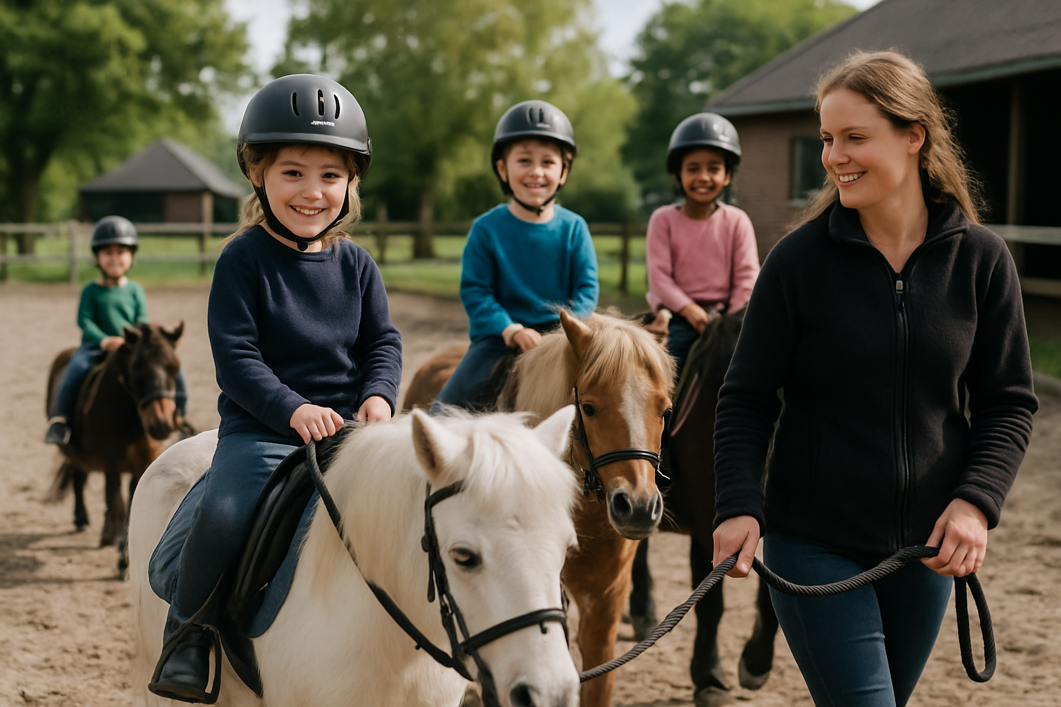 Jonge kinderen op een pony bij rijles, begeleide ponyles op een Nederlandse manege