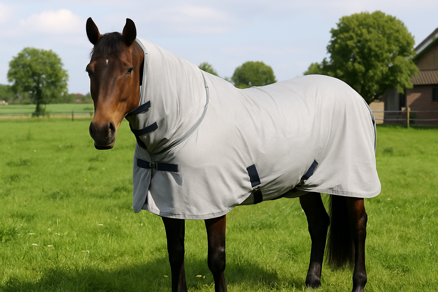 Paard met vliegendeken in de wei, zomer, Nederlandse weide
