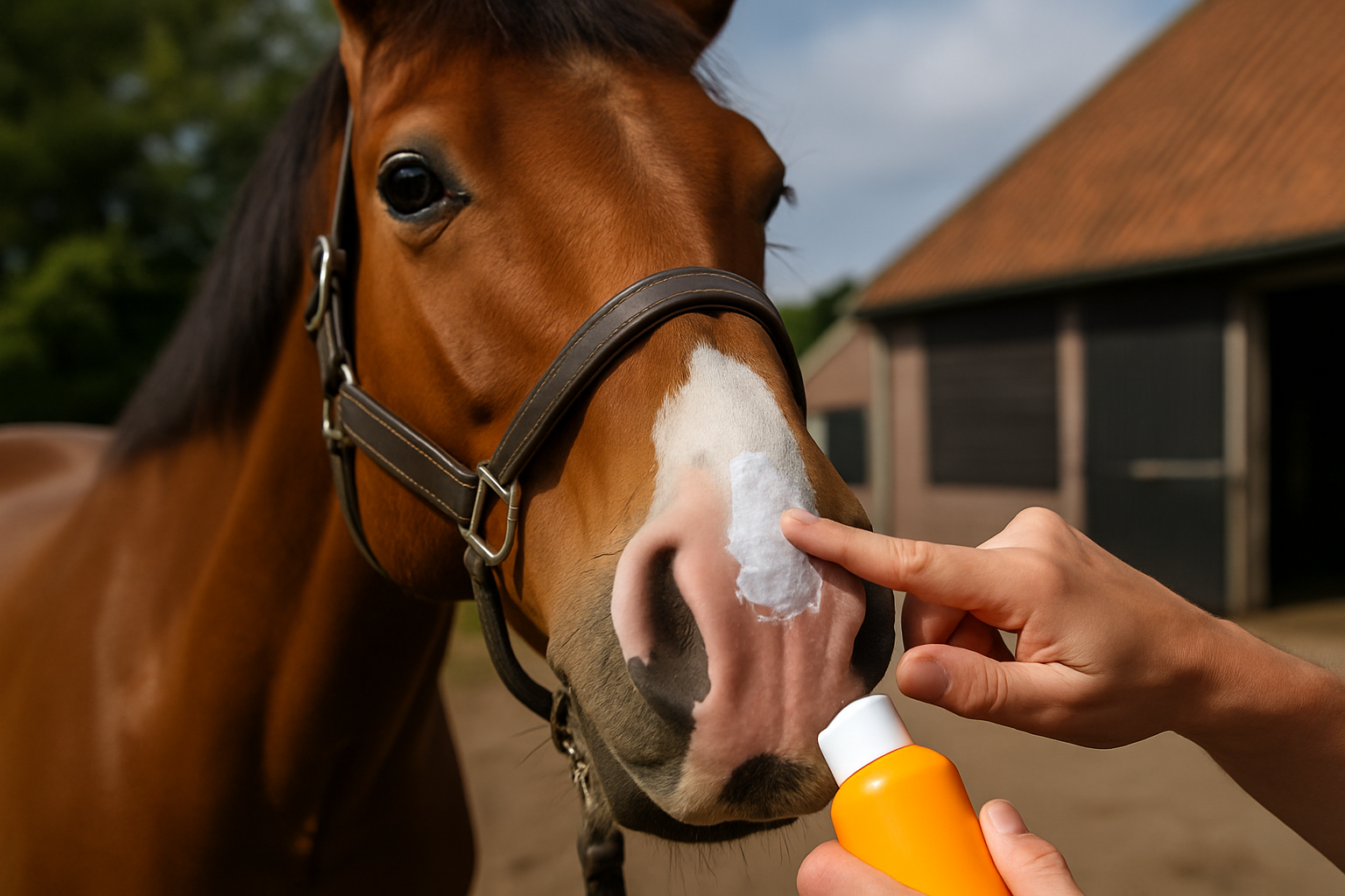 Close-up van het neus gebied van een paard met lichte huid, zomerse dag